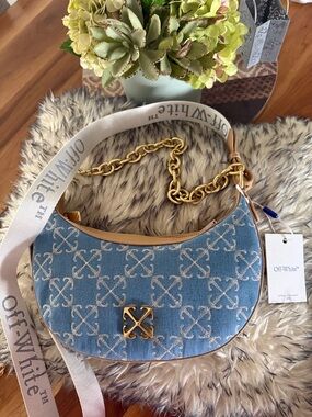 Off-White Denim Crescent Crossbody with Gold Chain & Tan Trim